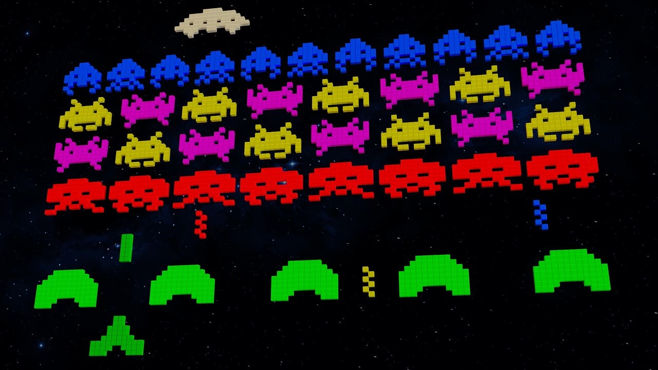 Multi-colored Space Invaders floating